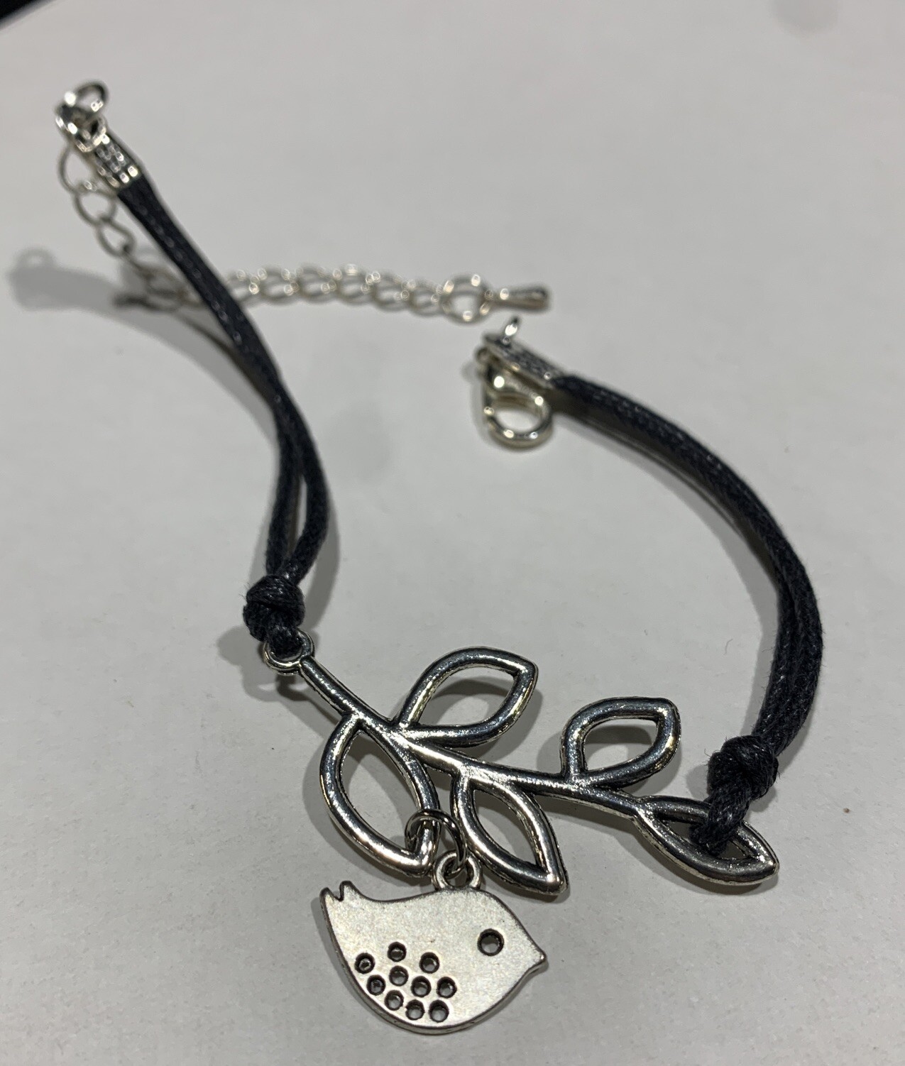 Bird Charm Bracelet Genuine Leather Black Cord Silver Leaf Branch Adjustable 7-9