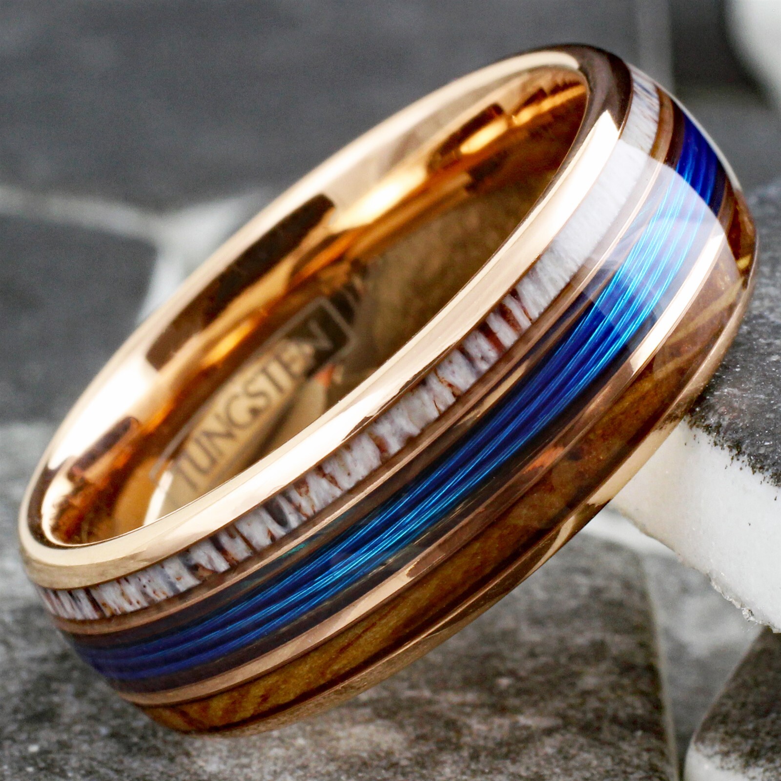 Personalized Tungsten Blue Fishing Line-Whiskey Barrel-Deer Antler Band Ring