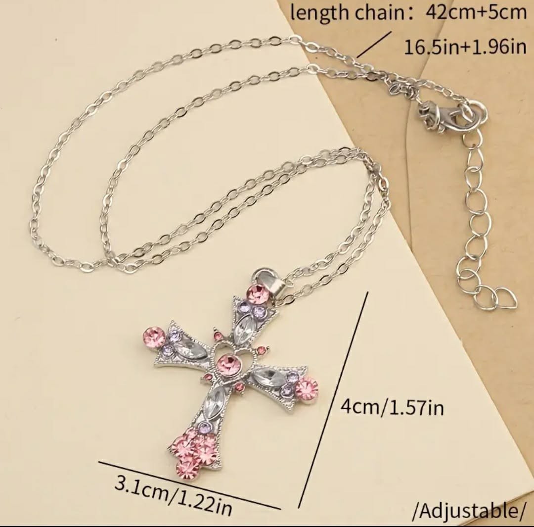 Pink Cross Pendant Necklace Silver Plated Zinc Alloy Fashion Jewelry