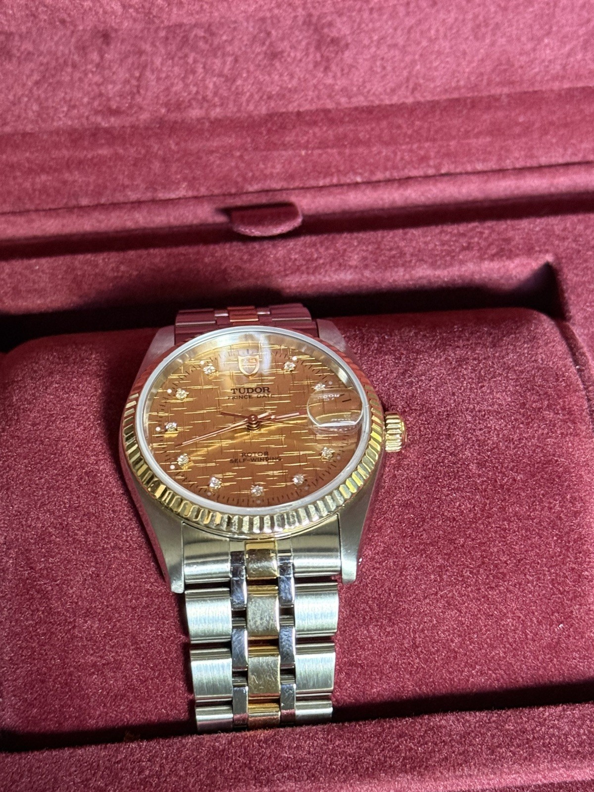 Tudor Prince Date 18K Gold & SS Gold Linen Diamond Dial Auto Watch 74033 w/ B&P