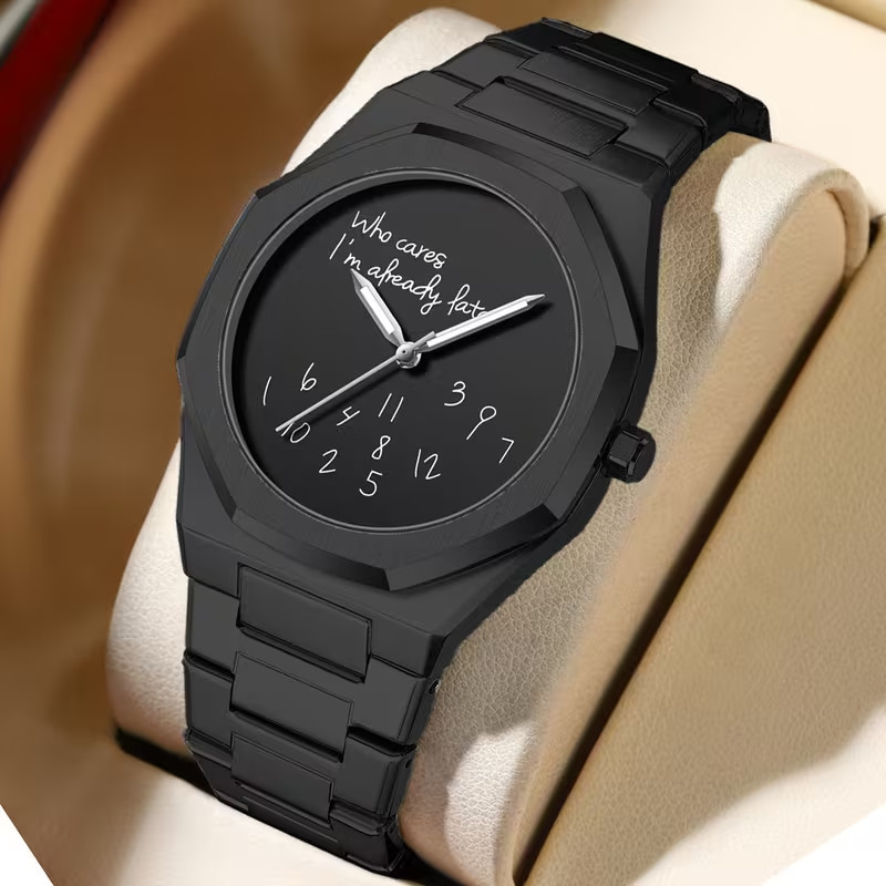 Men Slogan Watch Casual Business Quartz Watch Black “Who Cares I’m already late”