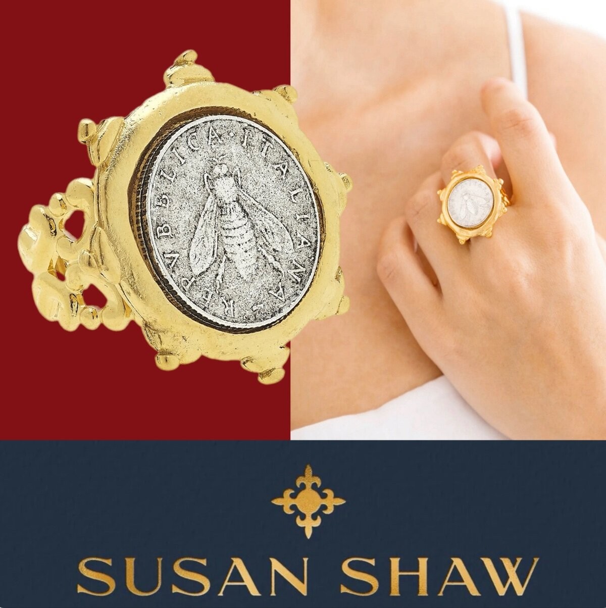 Susan Shaw Gold Florence Italian Bee Coin Ring 24Kt TPG