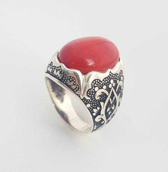Solid 925 Sterling Silver AA Italian Red Coral Gemstone Signet Men’s Unisex Ring