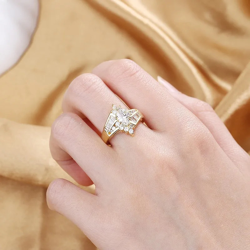 Stainless Steel Ring Marquise Cut Crystal Two Row Wedding Band Women Jewelry