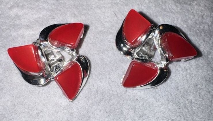 Vintage Mid-Century Modern Silver Tone Red Thermoset Plastic Clip-On Earrings