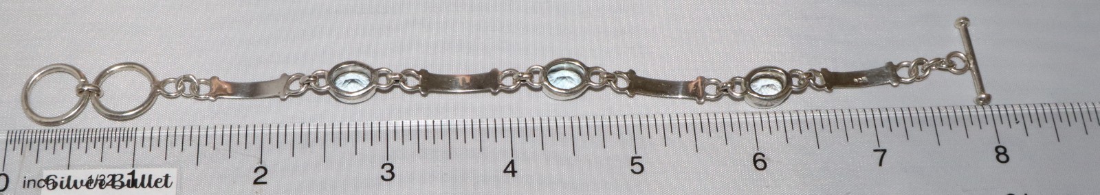Vintage Sterling Silver Blue Topaz? Bar Link Toggle Clasp Bracelet 12 grams 8 in