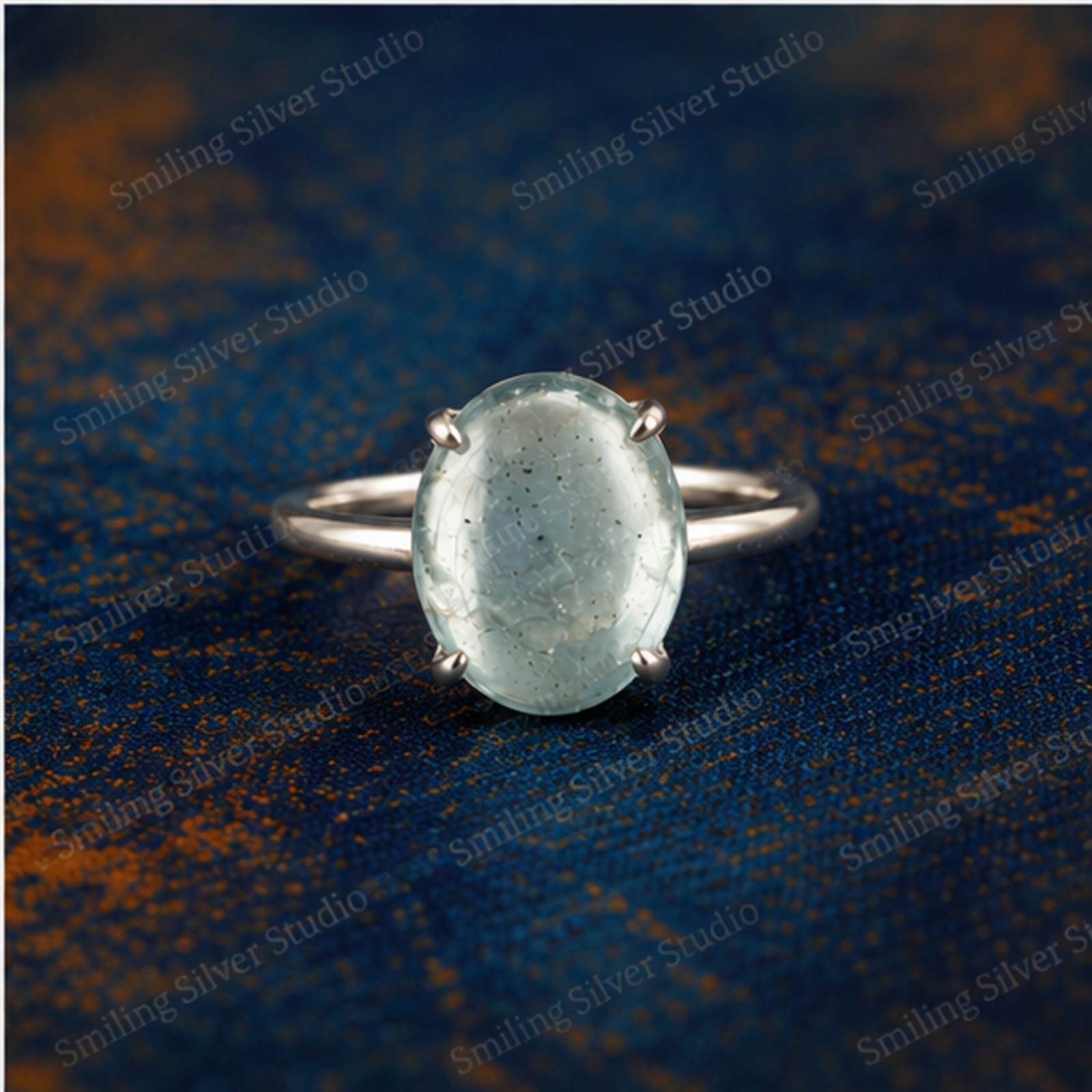 925 Sterling Silver Oval Green Cabochon Aquamarine Ring Minimalist Handmade Ring