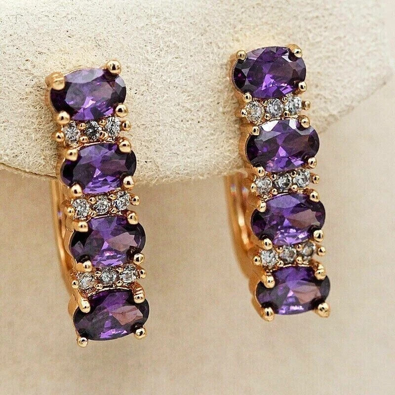Women’s Engagement Hoop Earrings Oval Cut Simulated Amethyst 925 Starling Silver
