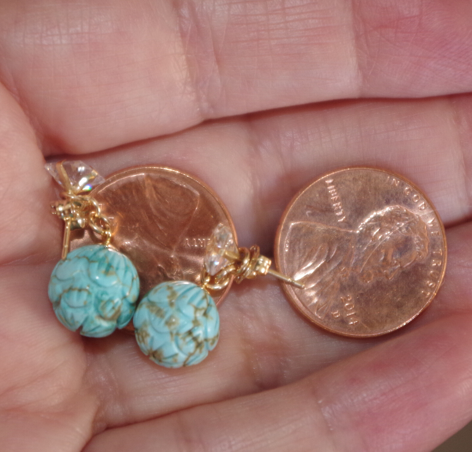VINTAGE 1OK GENUINE 6 MM ZIRCON STUD EARRINGS W 10 MM TURQUOISE BALL JACKETS
