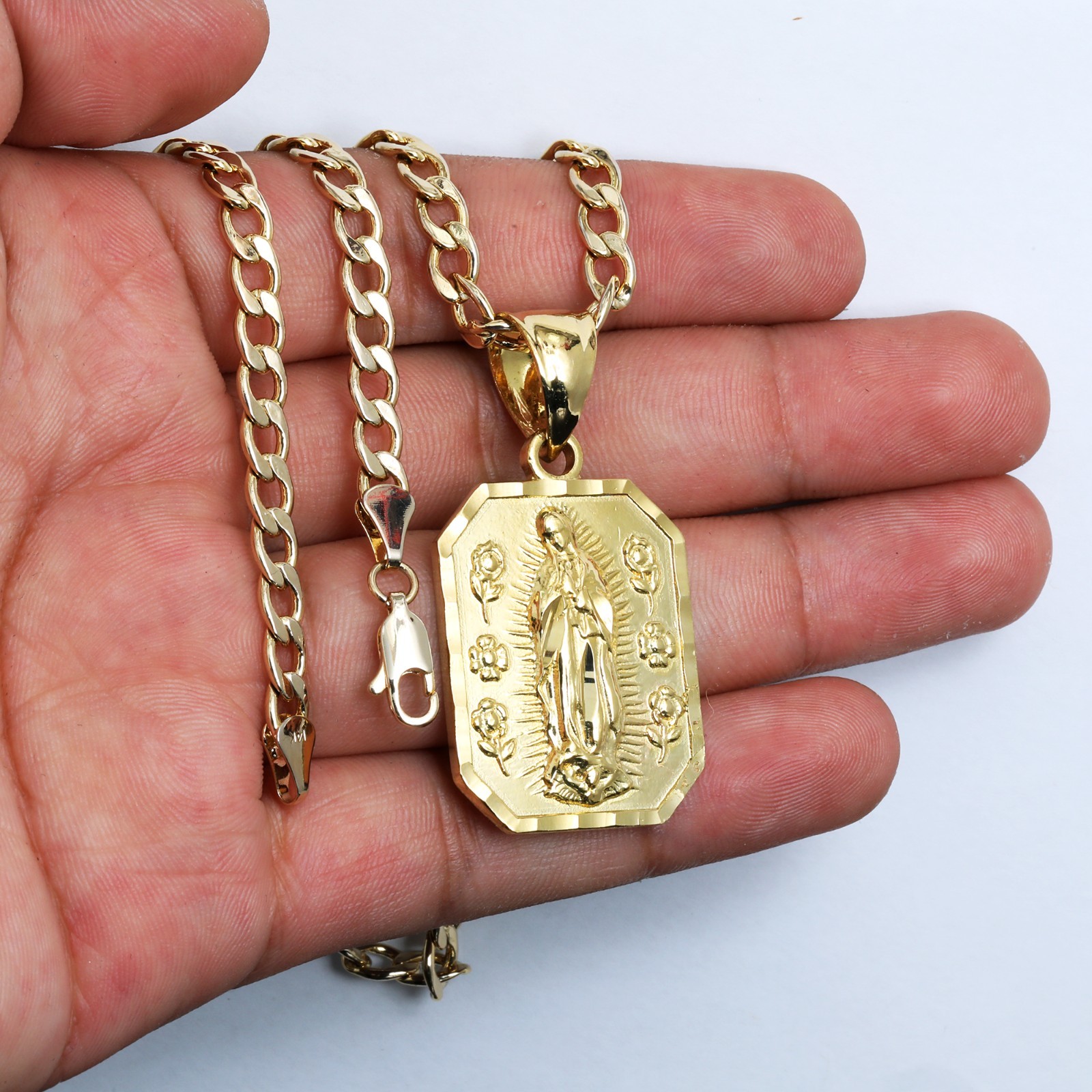 Flower Virgin Mary Charm Pendant 14k Gold Plated Brass 20″ Cuban Choker Chain