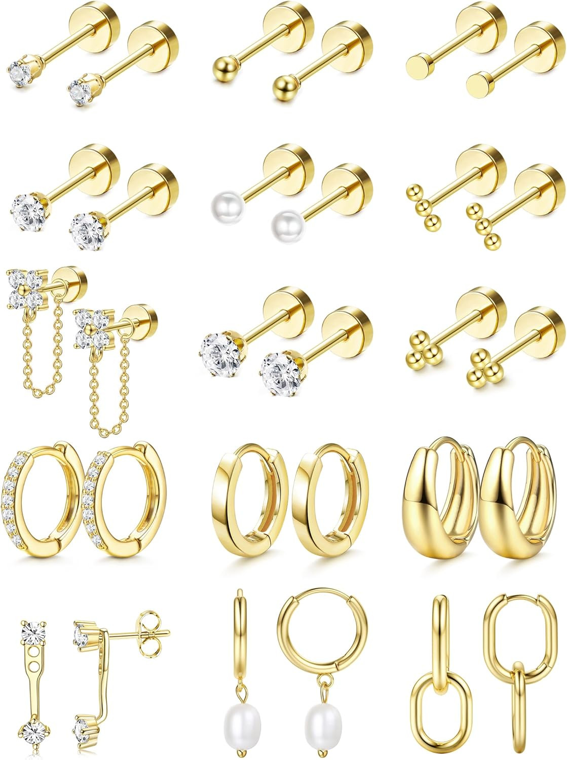 Hypoallergenic Cartilage Earrings 20G Flat Back Stud Hoop Set Wome