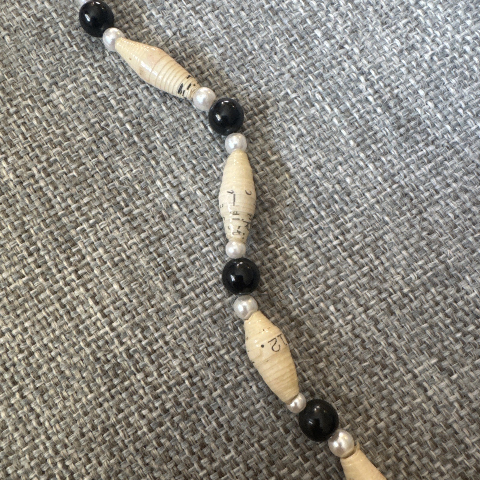 Boho Paper Bead Necklace Black Ivory Pearl Handmade