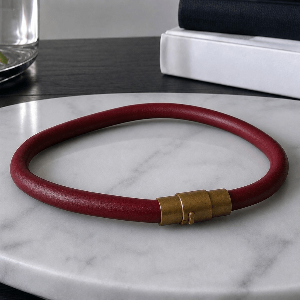 Men’s Burgundy Red Leather Bracelet, Antique Brass Barrel Clasp