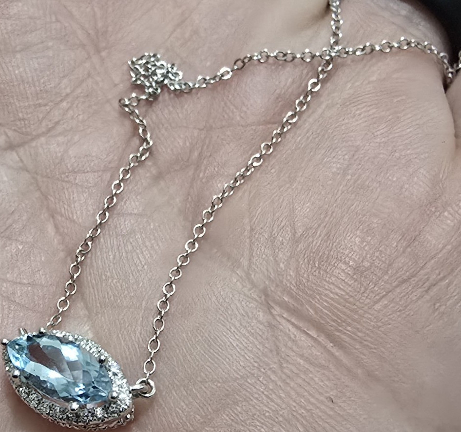 Dilamani 14k White Gold Marquise Aquamarine Diamond Halo Pendant Necklace