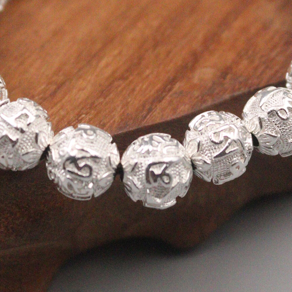 Pure Silver Bracelet For Men Women Sutra Mantra Lucky 10mm Beaded Bracelet