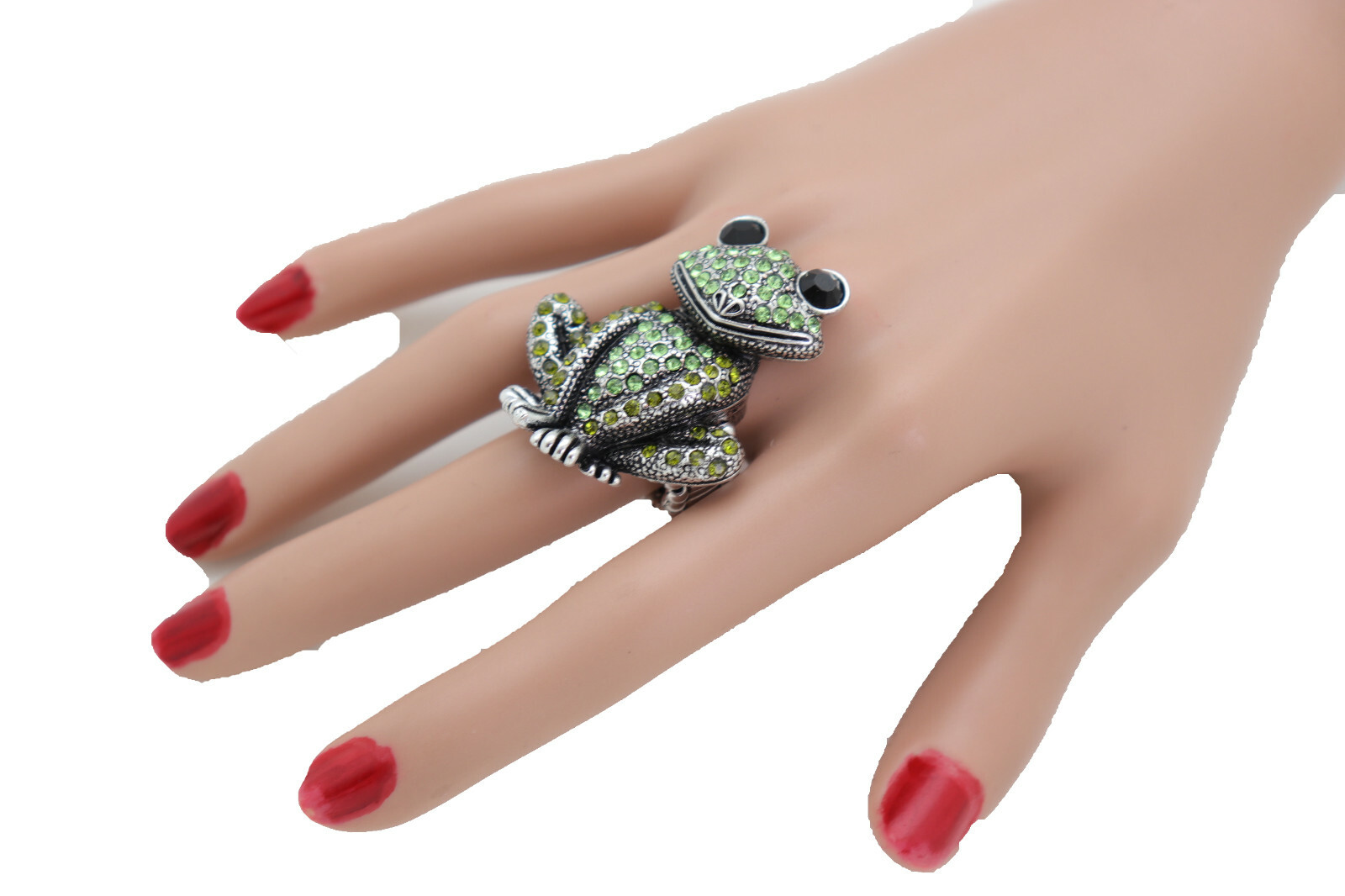 Women Silver Metal Ring Fashion Jewelry Elastic Band Green Frog Animal Luxurious