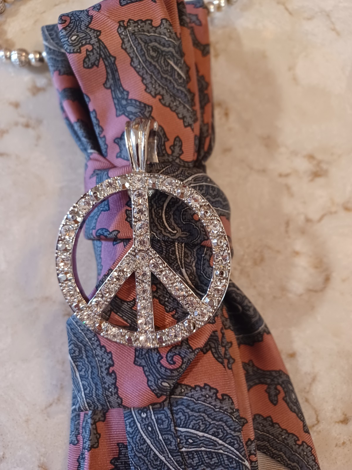 Handcrafted Necktie Necklace Silver Diamond Rhinestone Peace Sign Pendant