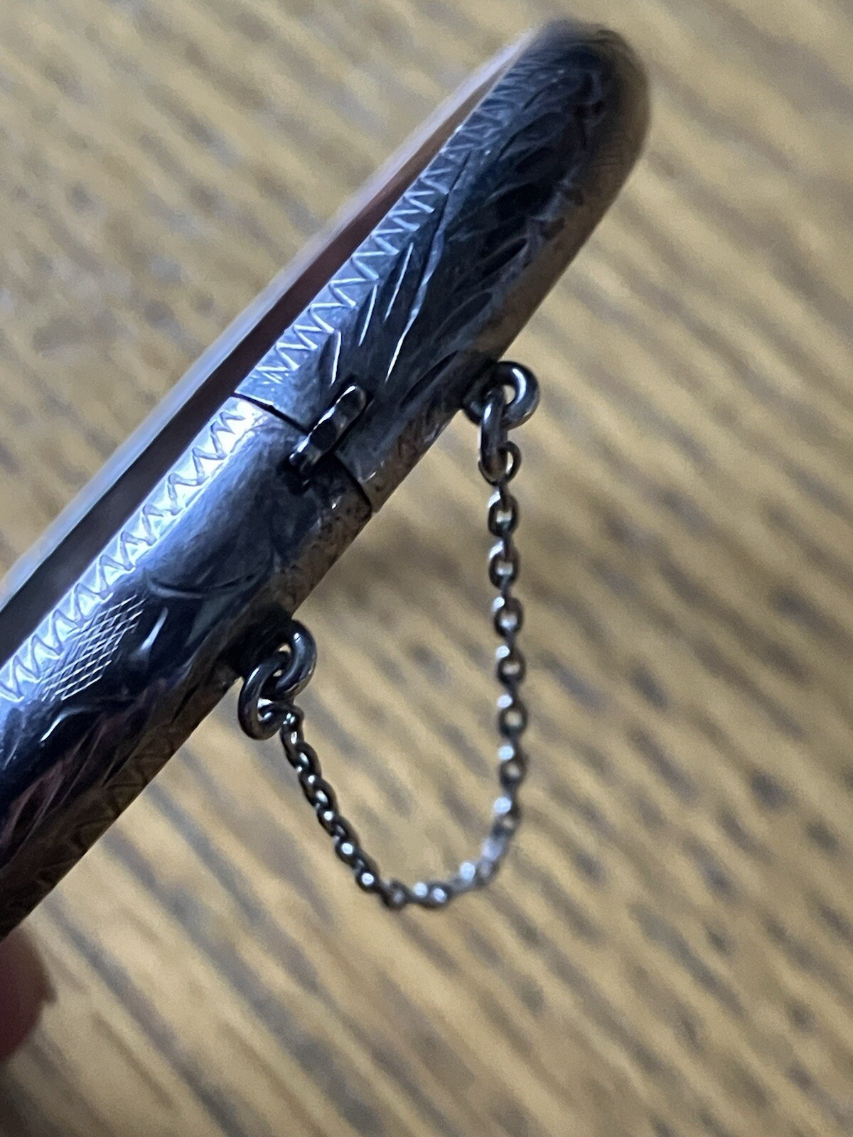 Vintage Sterling Silver Decorative Etched Pattern Band Bangle With Safety Chain