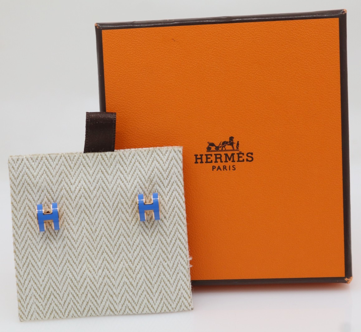 Hermes Mini Pop H Rose Gold Tone & Blue Enamel Earrings