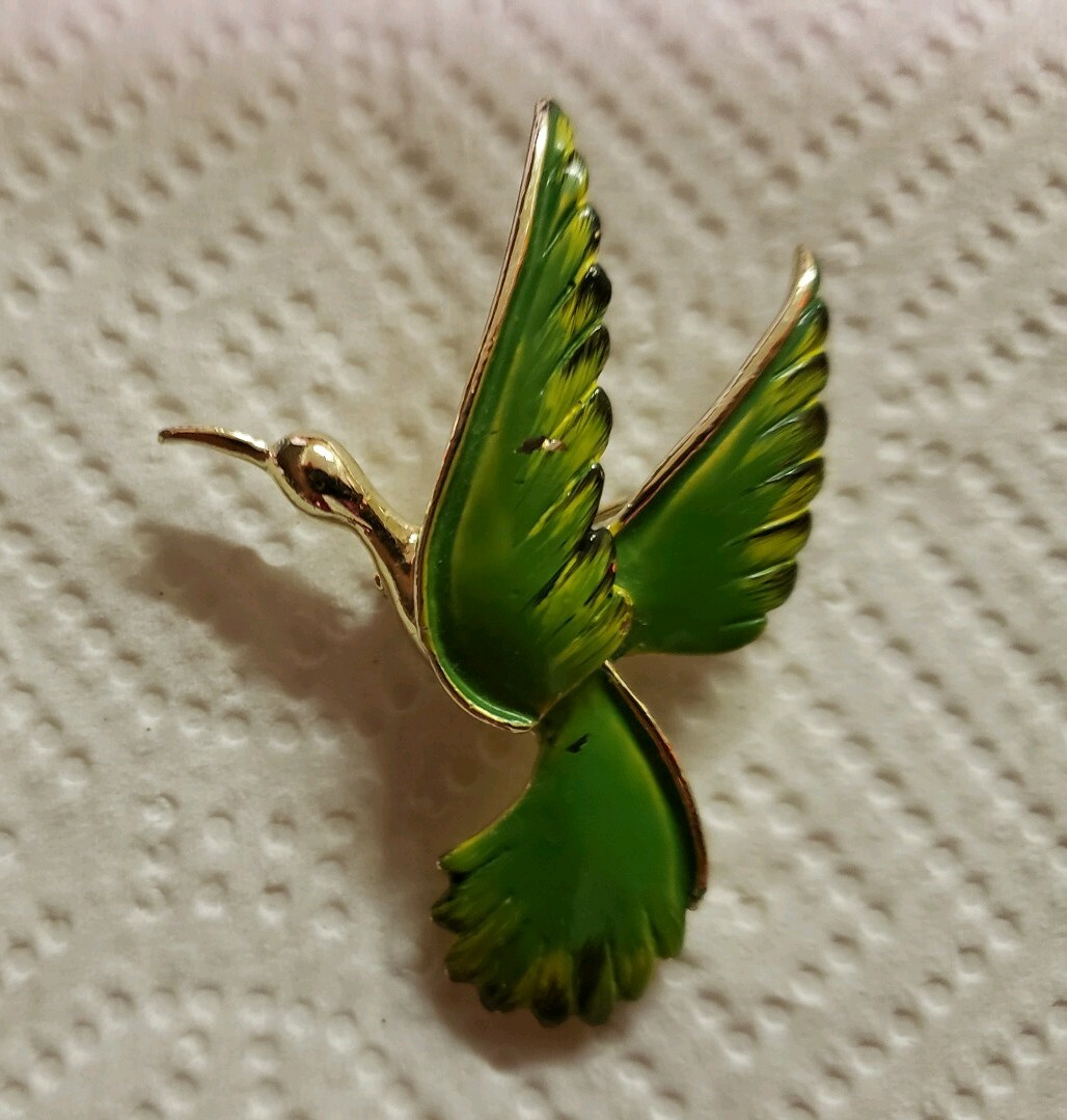 Green Enamelware Bird Brooch Pin
