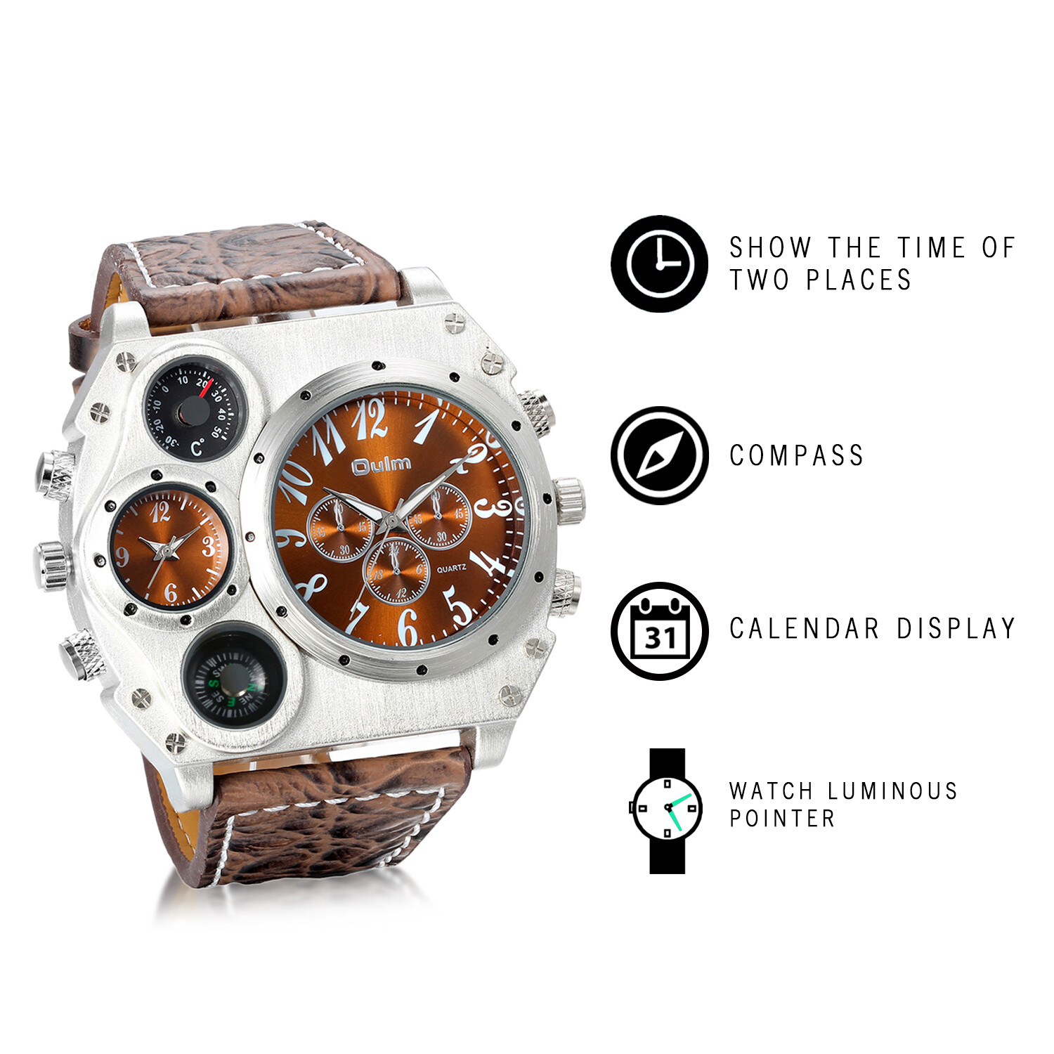 Men’s Sport Army Multi-functional 2 Time Zones Dial Leather Quartz Wrist Watch
