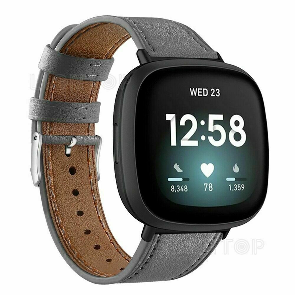 US For Fitbit Versa 3 / Sense Genuine Leather Watch Band Wrist Strap Metal Clasp