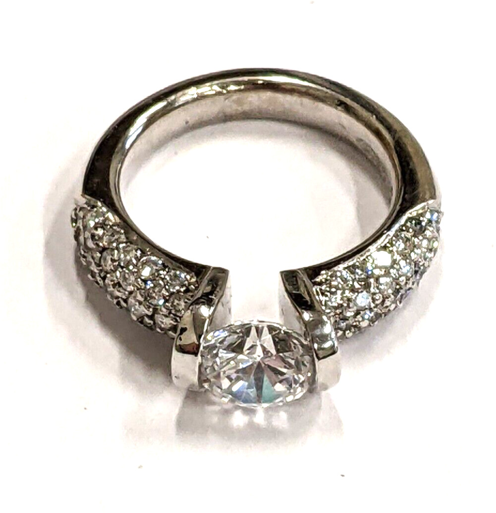 Gelin & Abaci 14K White Gold Diamond Pave’ Tension Set Cubic Zirconia Main Stone