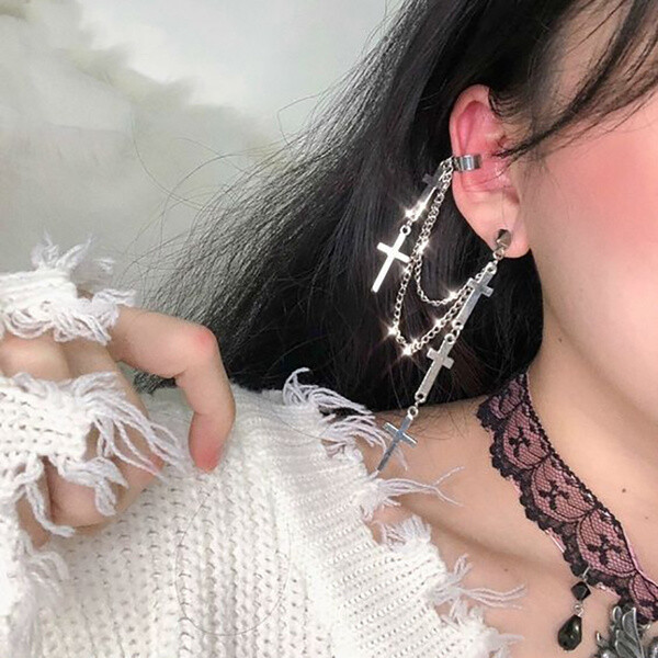 Gothic Punk Cuff Dangle Drop Cross Earrings-Long Chain Stud Tassel, Gift, Silver