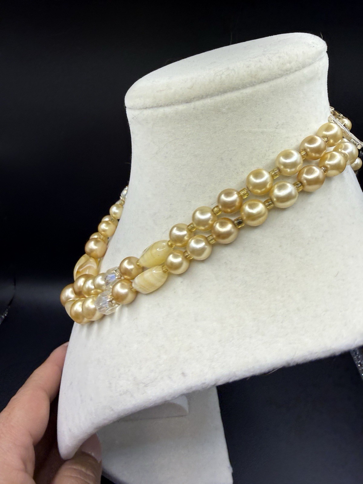 Vintage Unsigned Glass Bow Pearl Double Strand Necklace 50s Japan