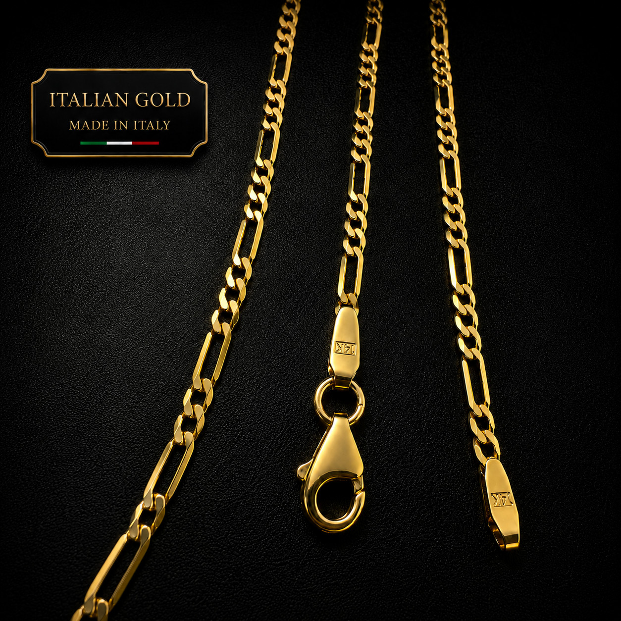 14K Solid Gold Diamond Cut Figaro Chain 2mm Necklace 18″ – 24″ Italian Gold