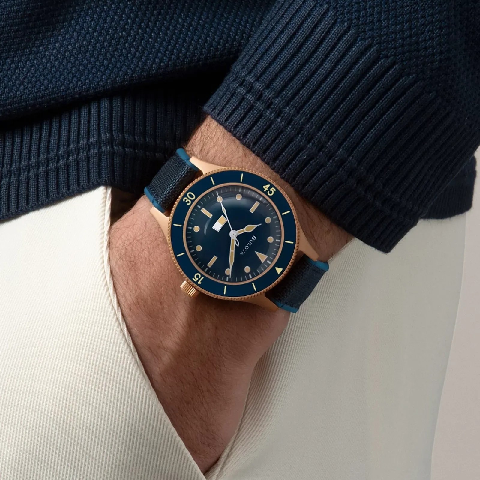 Bulova MIL-SHIPS 98A325 Automatic Blue Dial Bronze Case CORDURA Strap Men Watch