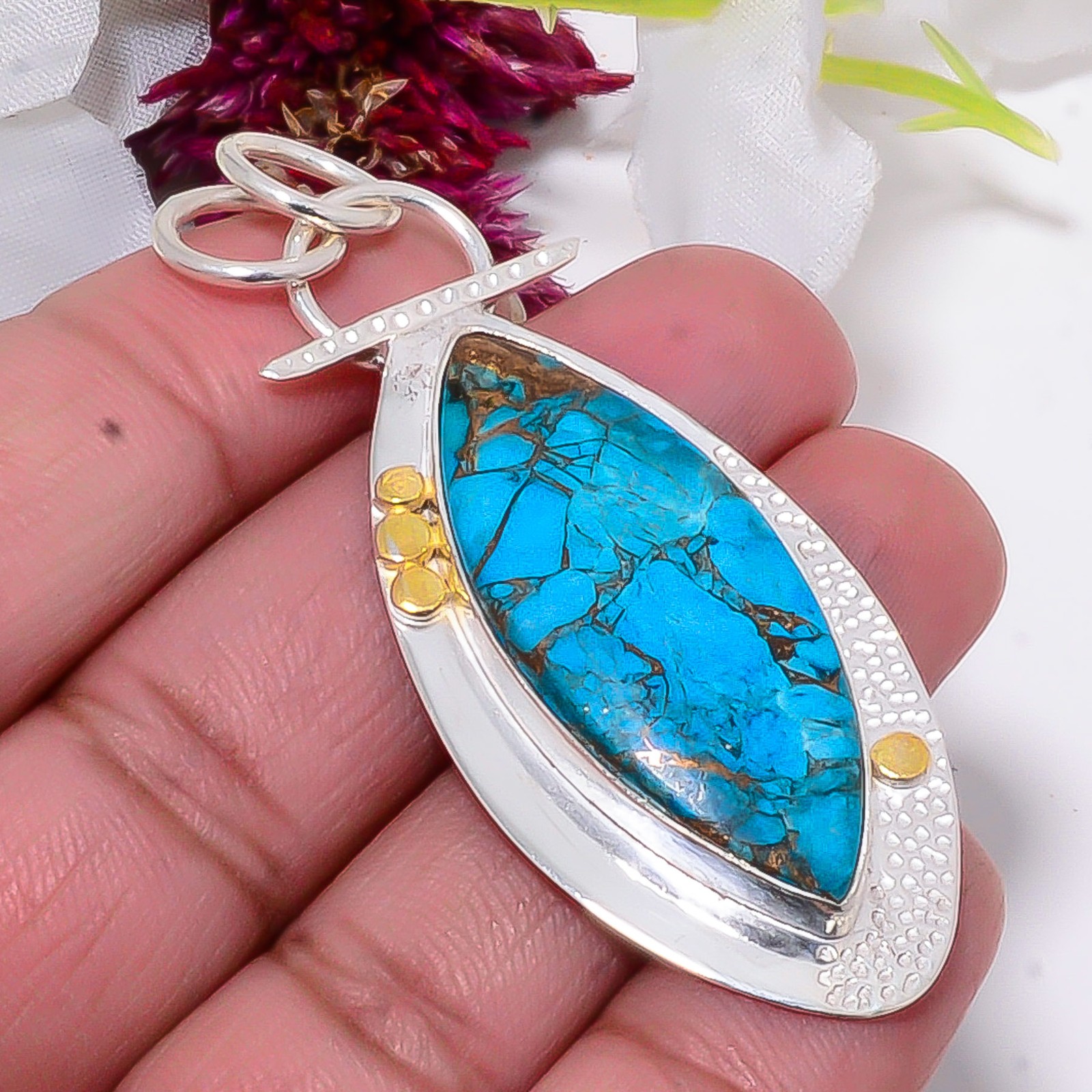 Copper Blue Turquoise 925 Sterling Silver Two Tone Designer Pendant 2.34″ Sku30