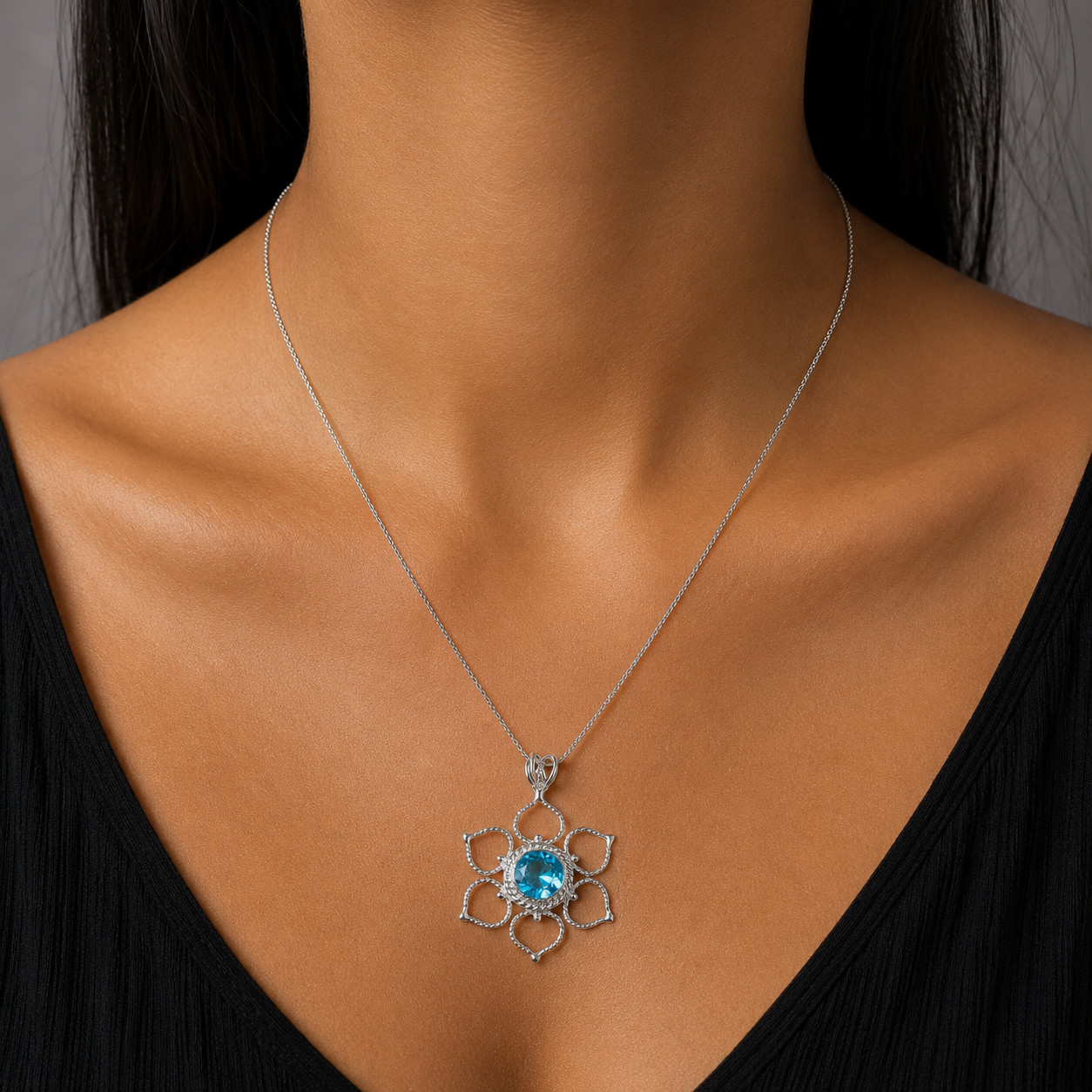 Swiss Blue Topaz Gemstone Jewelry 925 Silver Handmade Boho Pendant 1.44″ Gifts