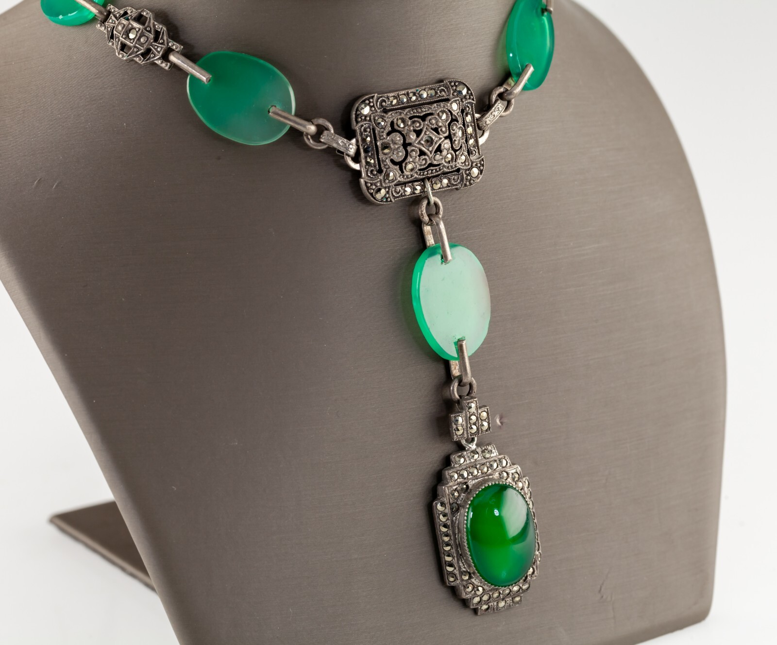 Sterling Silver Necklace with Green Gem, Marcasite, and Green Glass Accents 18″