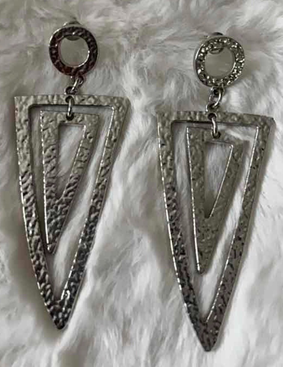 Silver-toned geometric hammered tribal triangle dangle earrings