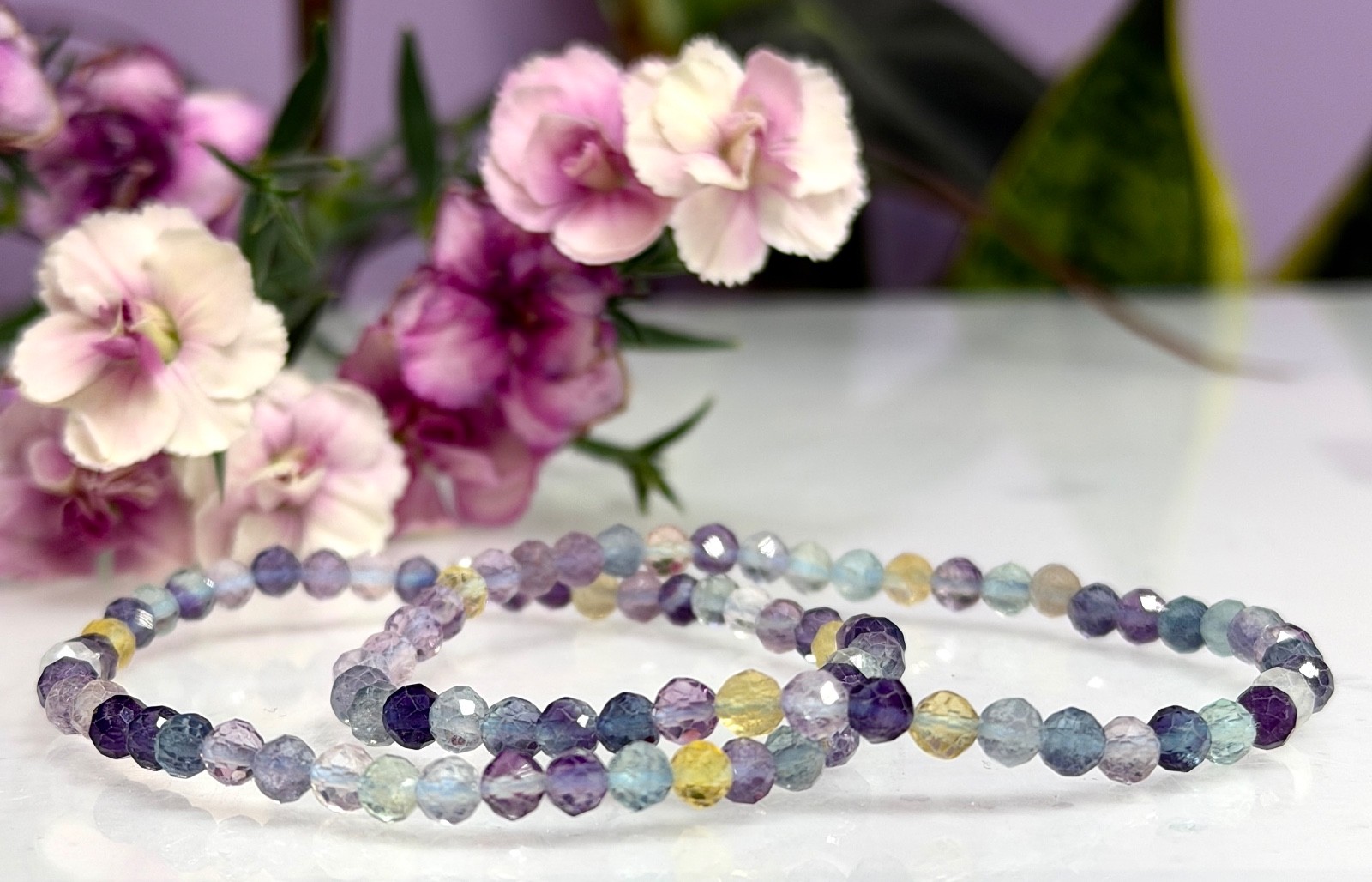 Wholesale 6 Pcs Natural Fluorite 4mm Faceted 7.5” Stretch Bracelet
