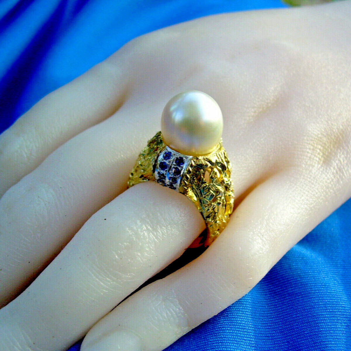 Original Pearl Sapphire Engagement Statement Ring Deco Cocktail Style 14K GOLD