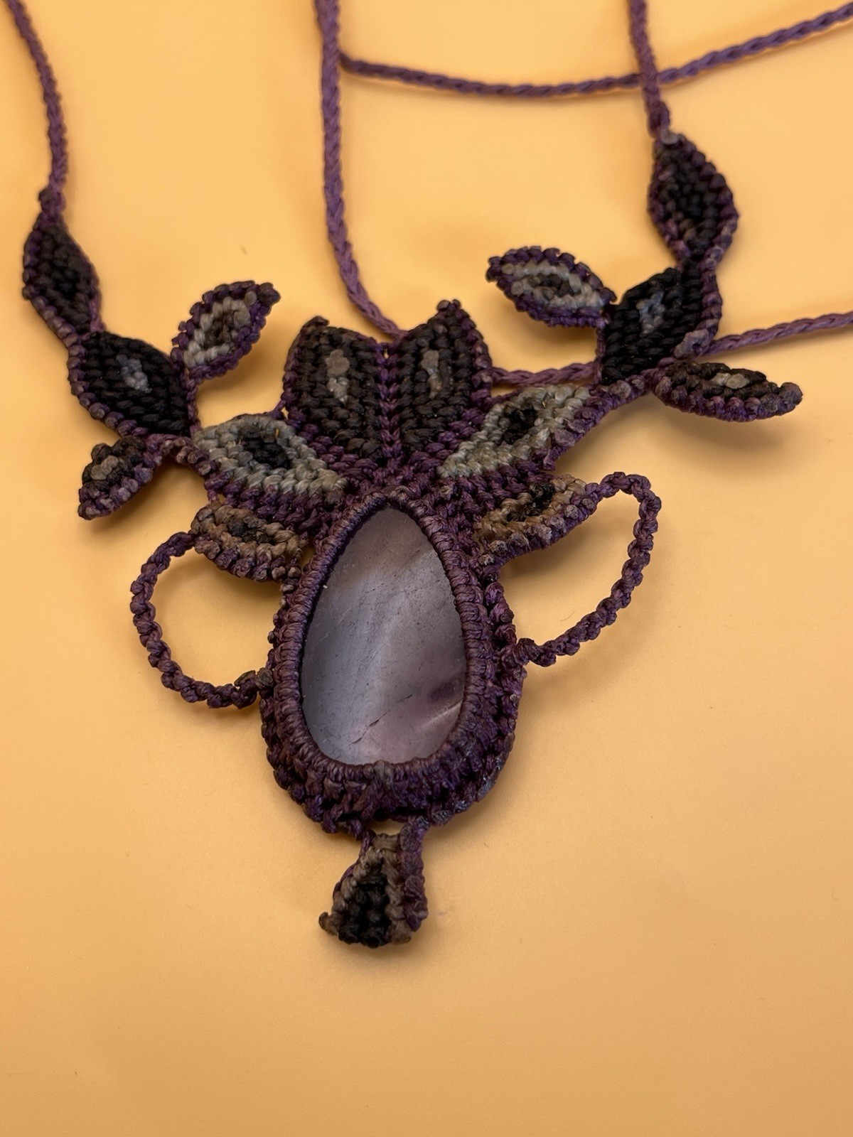 Artesian Made Macrame and Purple Fluorite/Amethyst Gemstone Necklace Boho Hippie