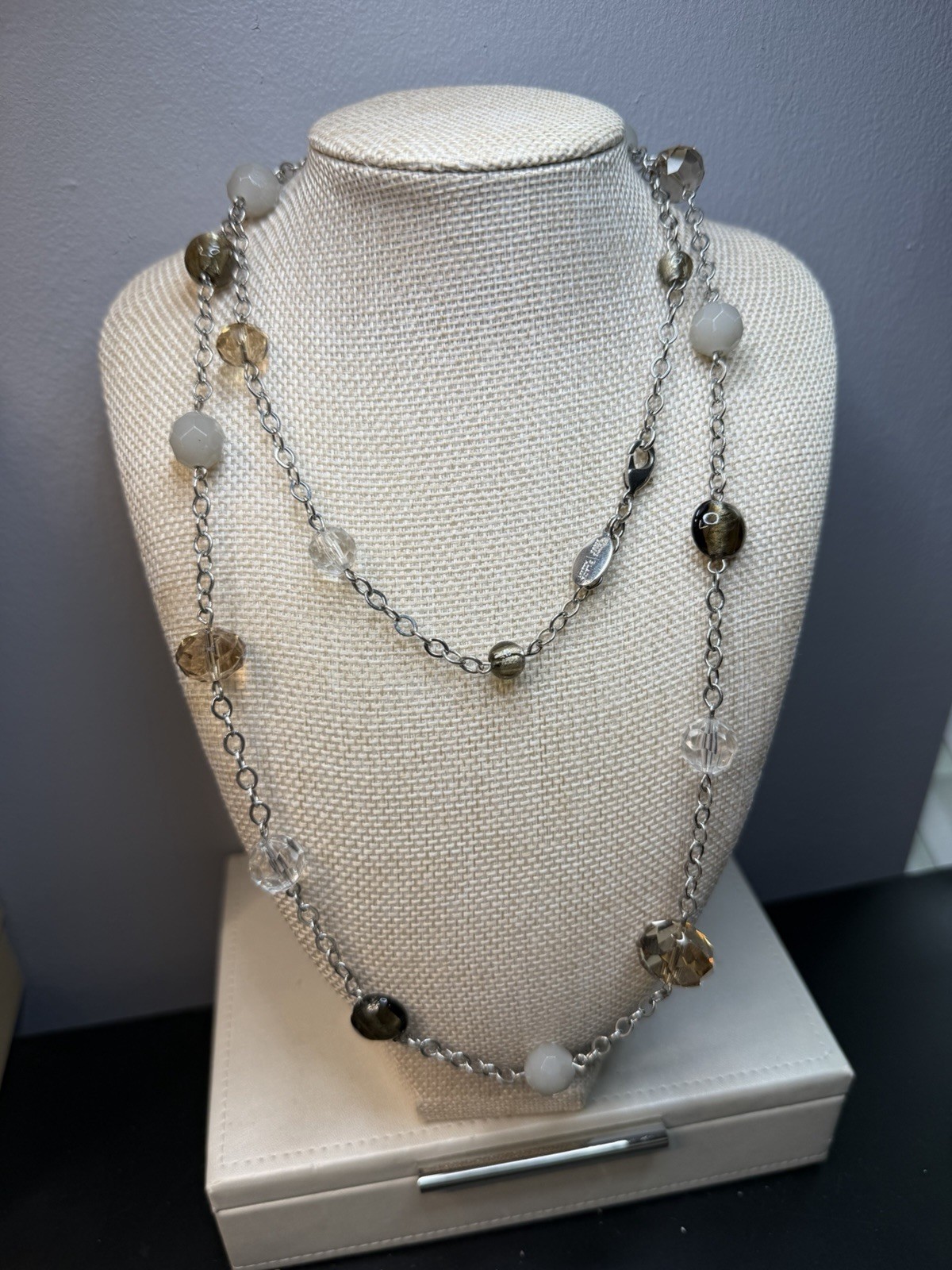 White House Black Market Silver Tone Clear Crystal Glass Beaded Long Necklace
