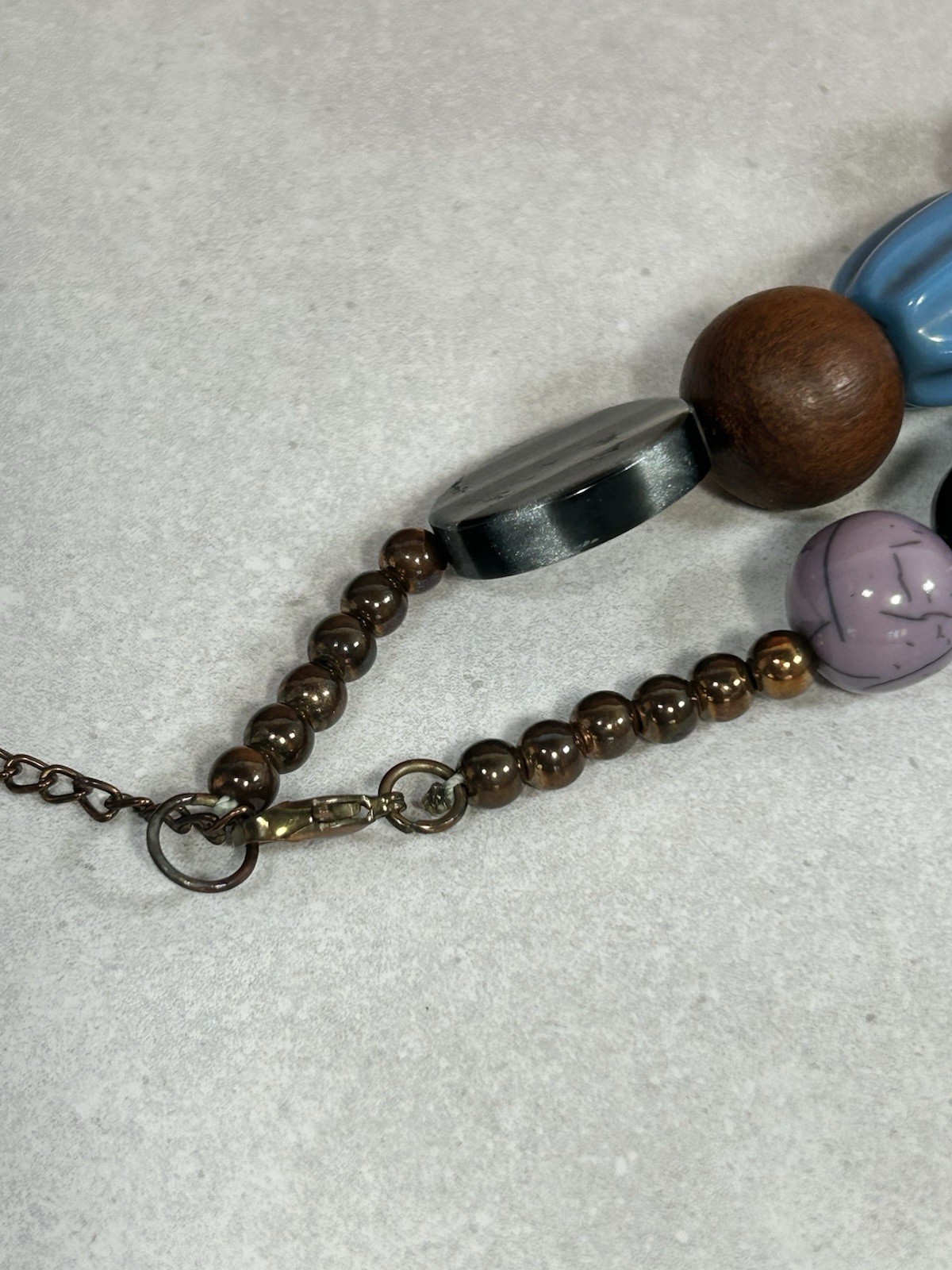 Vintage Unique Chunky Beaded Necklace Yellow Blue Brown 18″ Retro MCM Casual