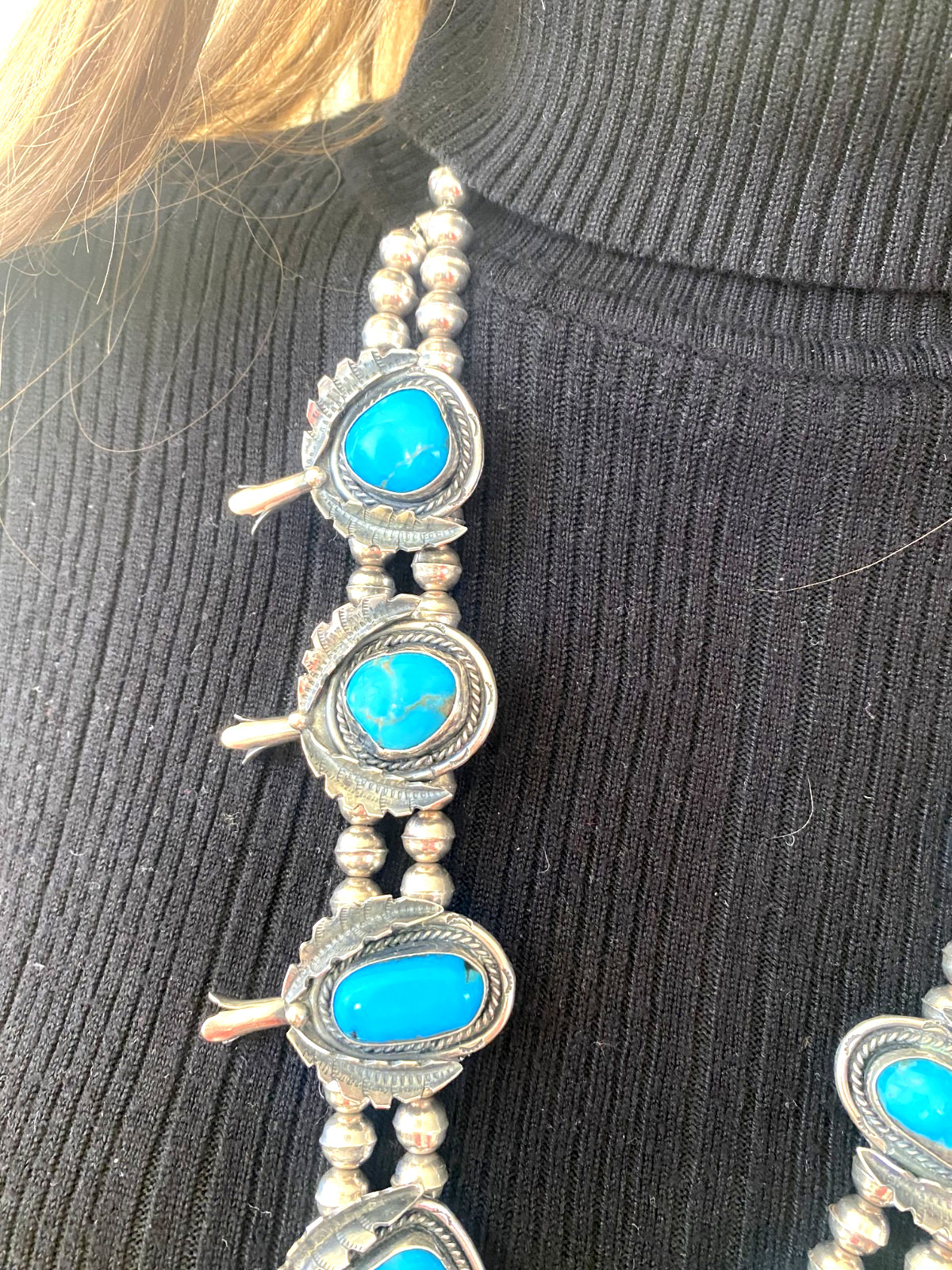 Turquoise Squash Blossom Necklace Vintage Sterling 275g