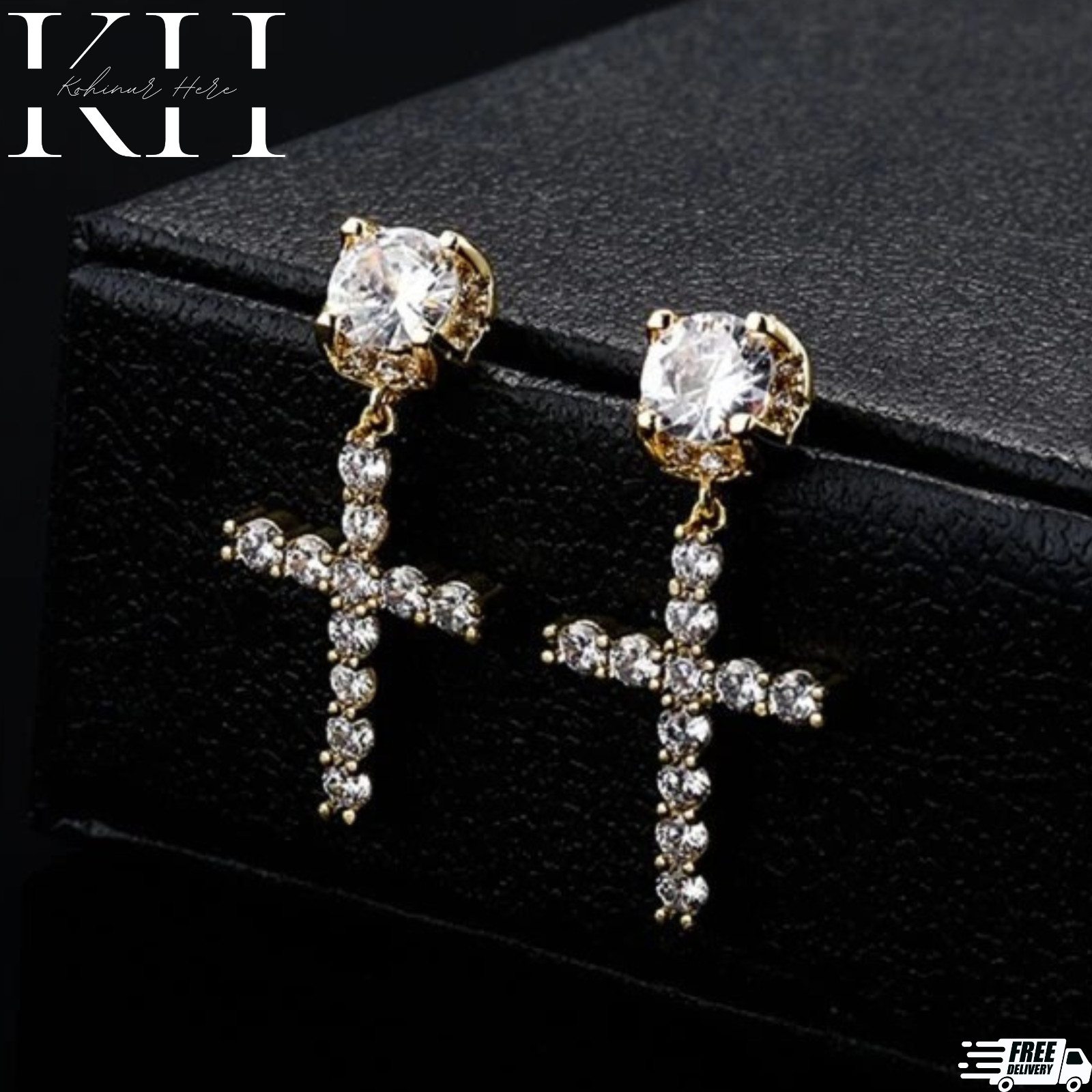 Iced Stud Cross Drop Hanging Huggie Dangle Hoop Sterling Silver Cz Gold Plated