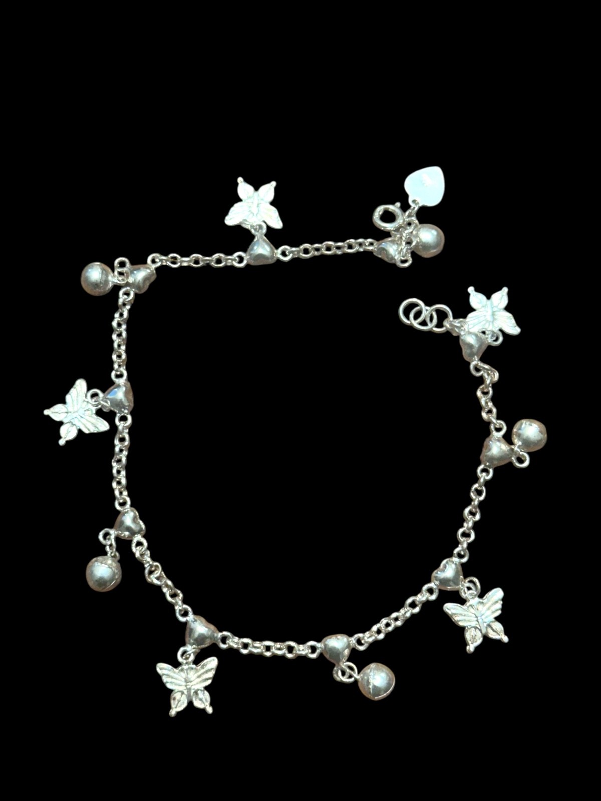Sterling Silver Anklet- .925- BUTTERFLIES- BALLS- charms 10″ inches long