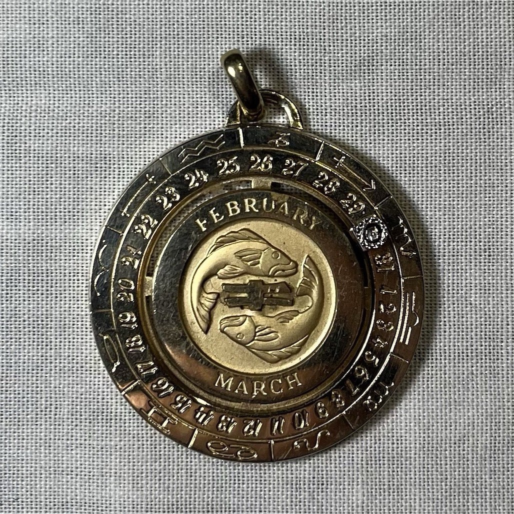 Pierre Cardin Pisces Zodiac Round Medal Pendant, Signed Multi-Tone Gold Metal