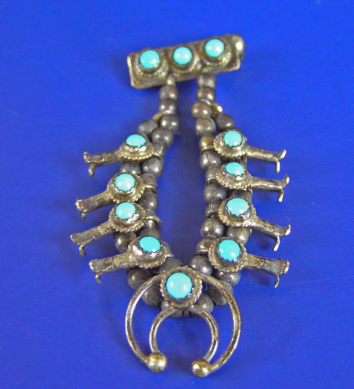RARE Vtg Navajo Turquoise & Sterling Silver Miniature Squash Blossom Brooch Pin