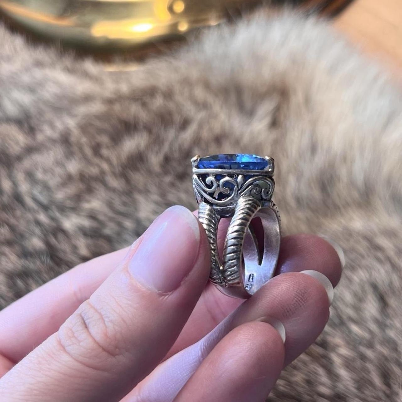 David Schorr Sterling Silver & 18k Gold Blue Topaz Ring 925 Sz: 7.75