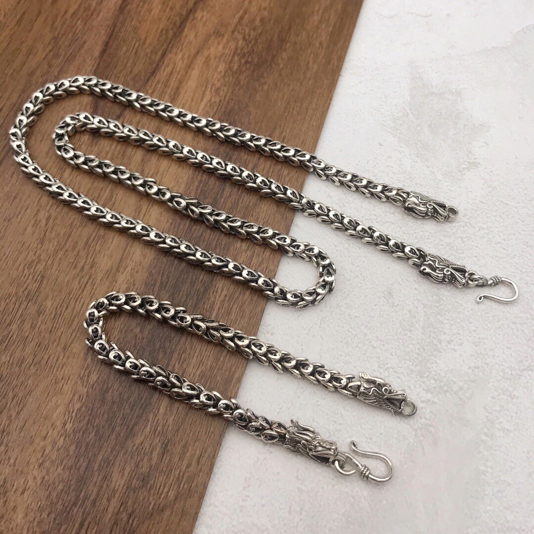 Real 925 Sterling Silver Necklace Men Women 6mm Double Dragon Head Link Gift