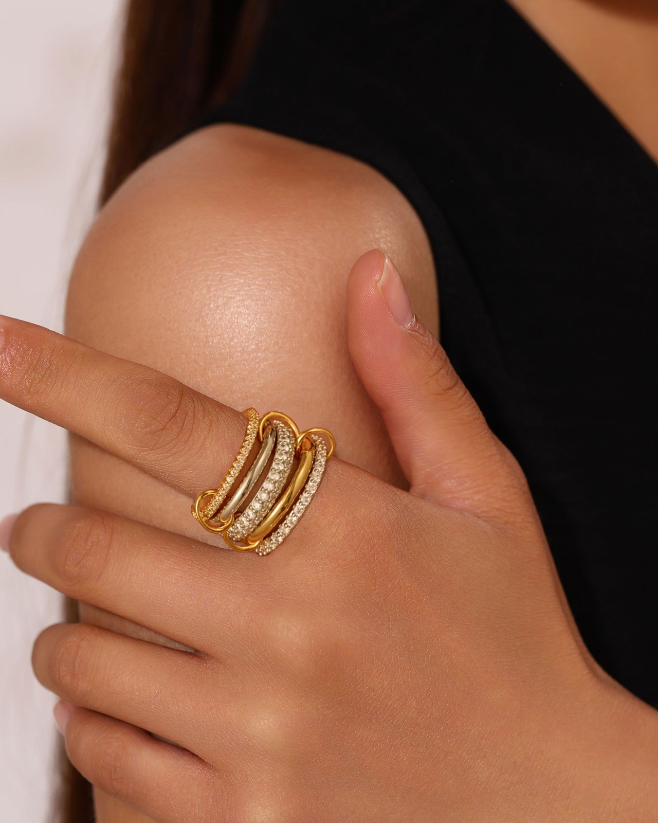 14K Gold Interlocked Stackable Rings for – 5 Layer Silver Gold Ring Stack Set…