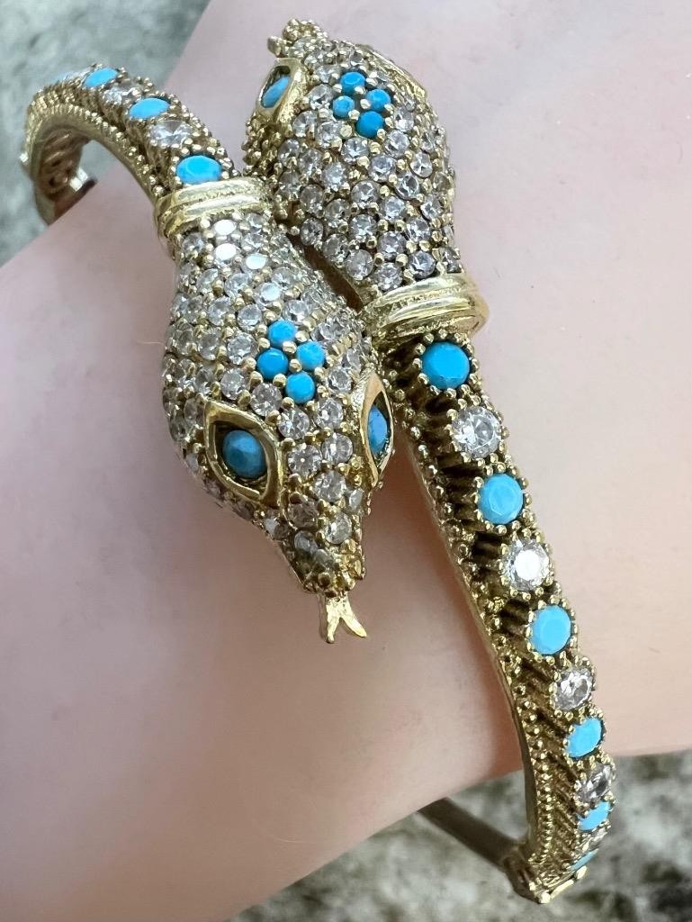 Snake Bracelet REAL Blue Turquoise 14K Gold on SOLID 925 Etruscan Victorian Rev.
