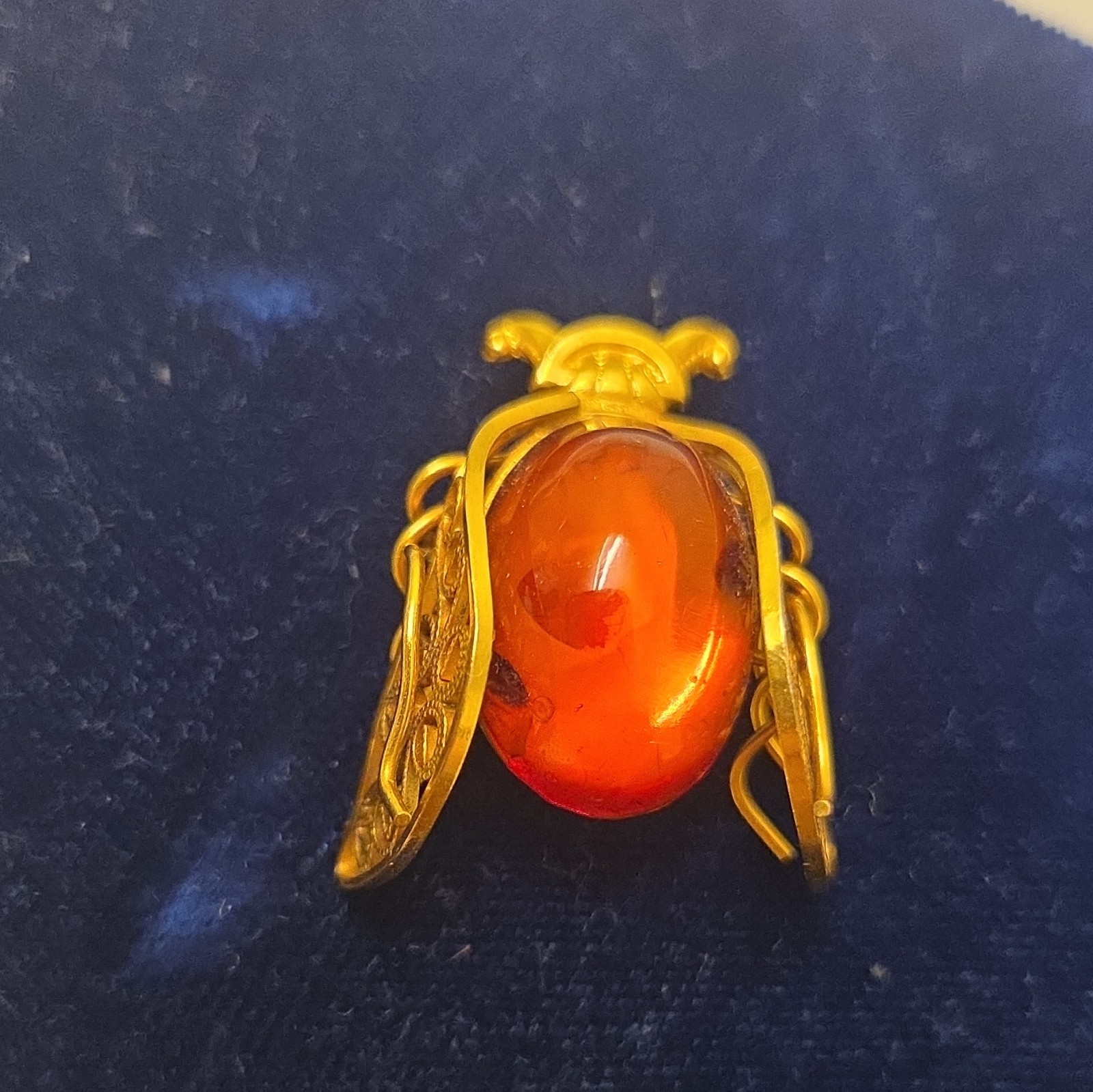 12 K Gold Tone Bee/Insect Brooch Pin, Orange Cabochon Bezel Set